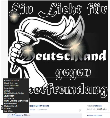 Screenshot des Postings auf der Facebook Seite "Unser Licht gegen Überfremdung". Unter den Likes: Sascha Lücke und Andre Schär